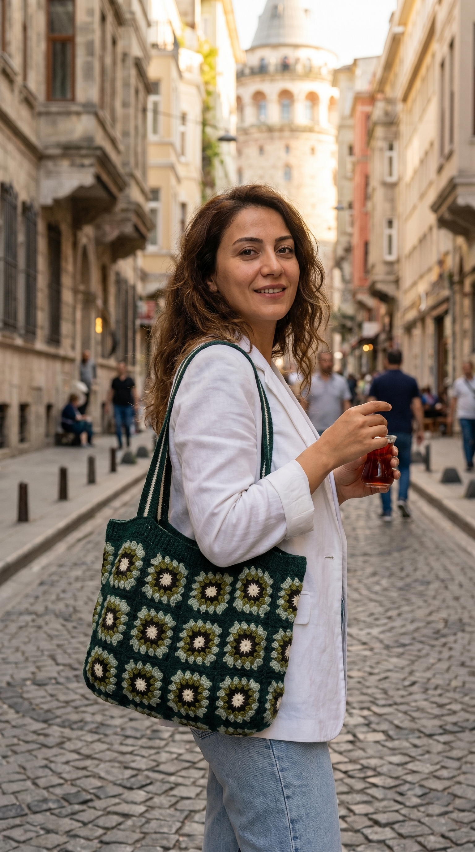 Koyu Yeşil Papatyalı El Örgüsü Çanta